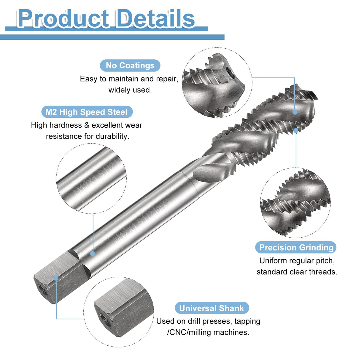 uxcell Spiral Flute Thread Taps M12 x 1.5 H2 Metric Machine Threading Tap Bit, Uncoated Screw Tapping Repair Tool, M2 High-Speed Steel (HSS)