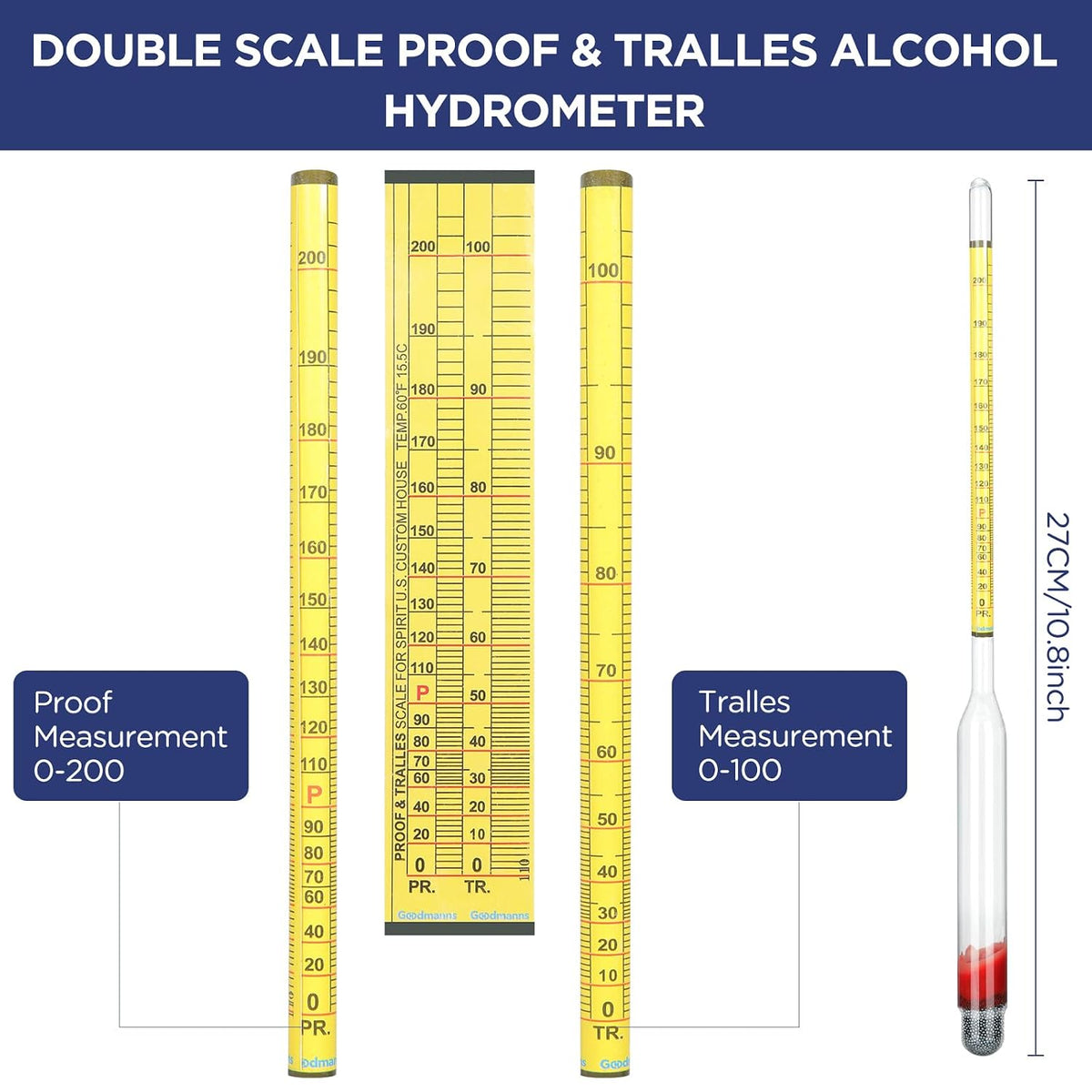 Hydrometer Alcohol Meter Test Kit 0-200 Proof with Glass Cylinder, Brush and Dust Cloth, Distilling Moonshine