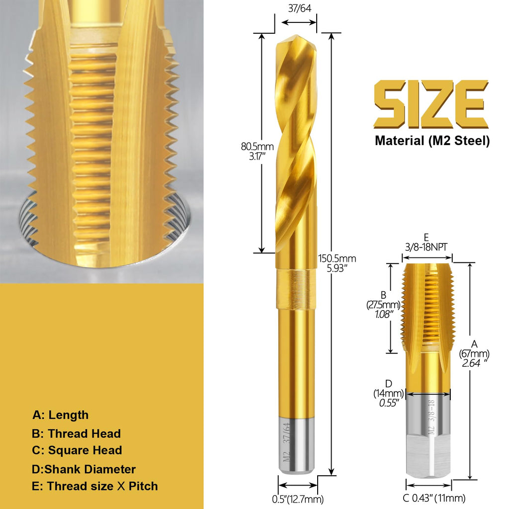 3/8-18 NPT Pipe Tap and 37/64" Drill Set,M2 HSS Hand Threading Plumbing Tap