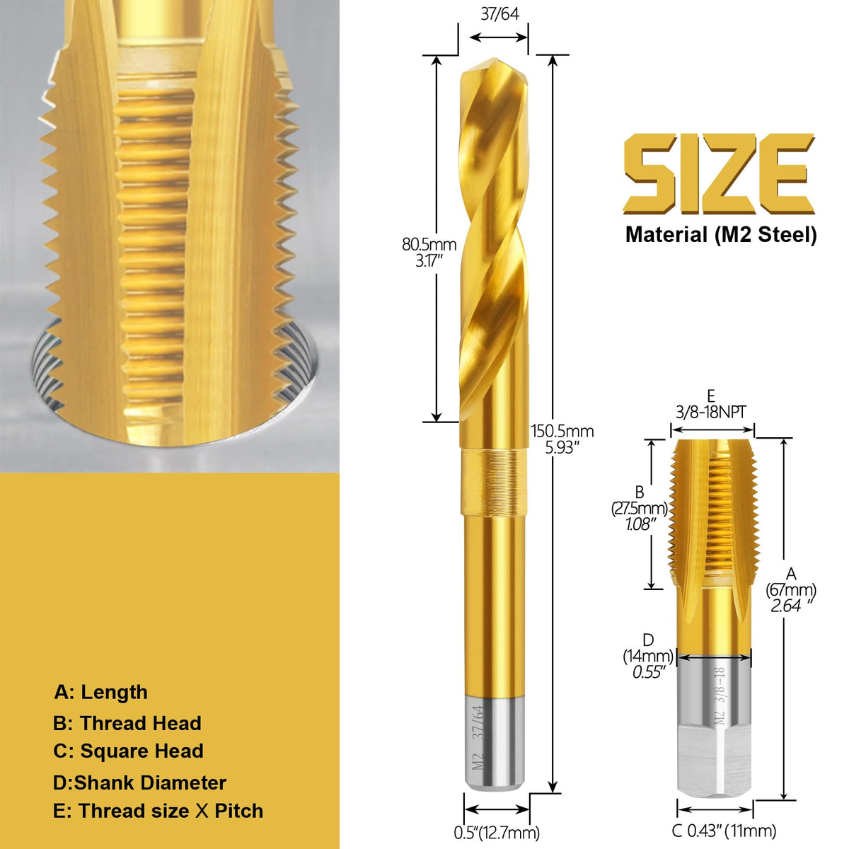 3/8-18 NPT Pipe Tap and 37/64" Drill Set,M2 HSS Hand Threading Plumbing Tap