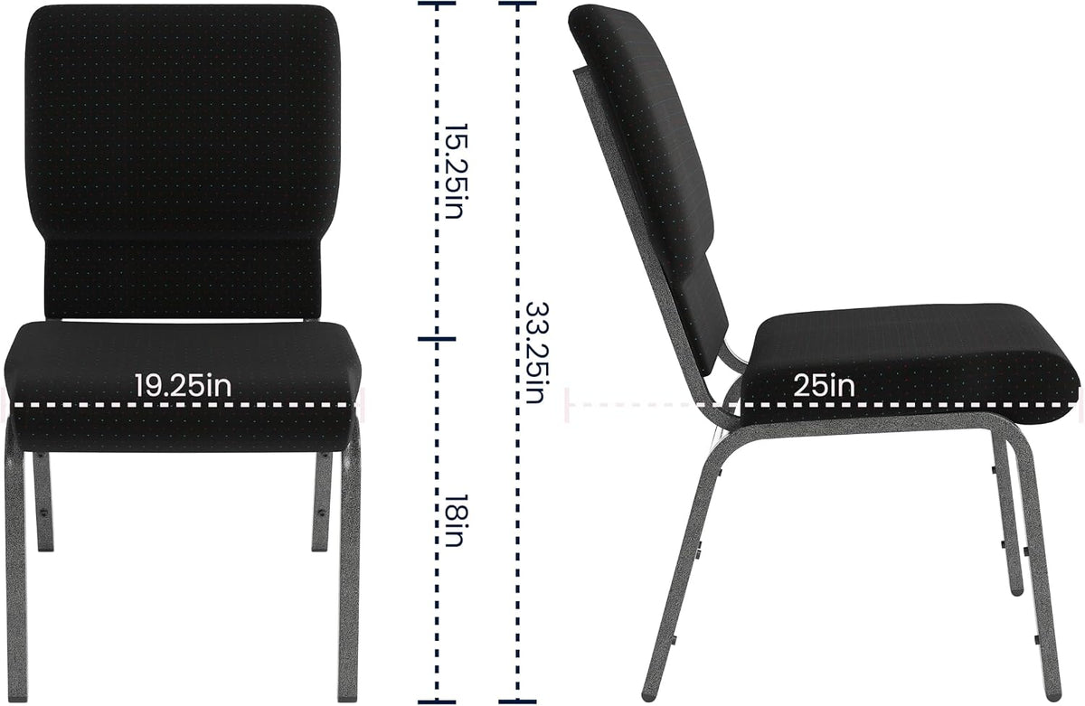 HERCULES Series 18.5''W Stacking Church Chair in Black Patterned Fabric - Silver Vein Frame, 25"D x 19.25"W x 33.25"H