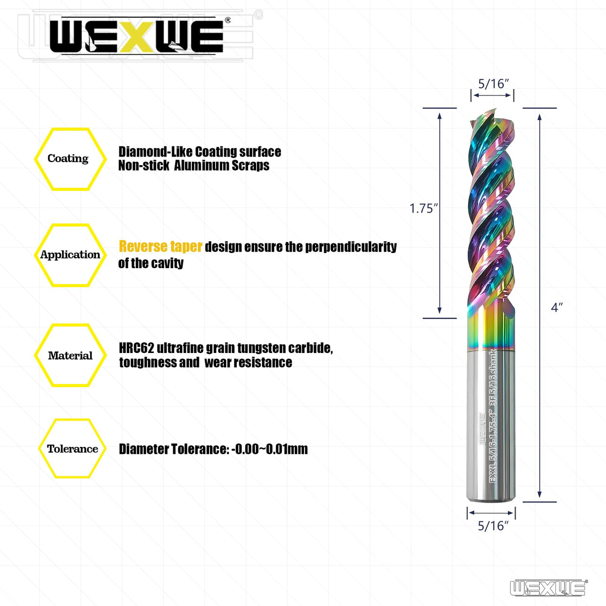 WEXWE Tools 5/16” Extra Long Carbide Square End Mill for Aluminum, Copper Alloy, Plastic, 4" Overall Length End Mill Bits, 3 Flute HRC 62 Deg DLC Coating, CNC Router Bits 5/16 Shank (5/16-4" 2PCS)