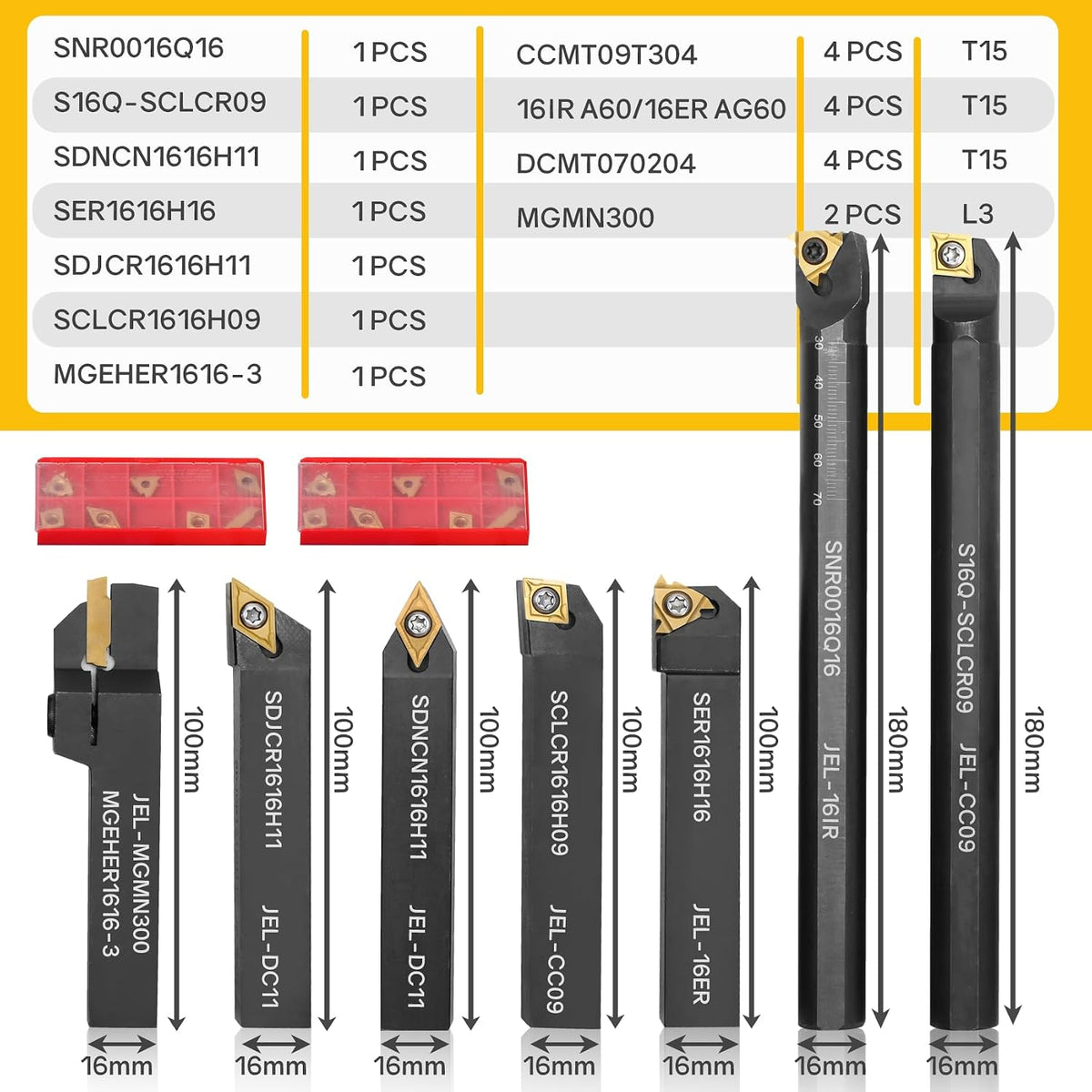 Indexable Lathe Turning Tool 21Pcs Kit 5/8'' 16mm Shank 7 Pcs Metal Lathe Tool Holder Set with 14 Pcs Turning Inserts for Turning Grooving Threading Boring Carbide Inserts Carbide Turning Tool