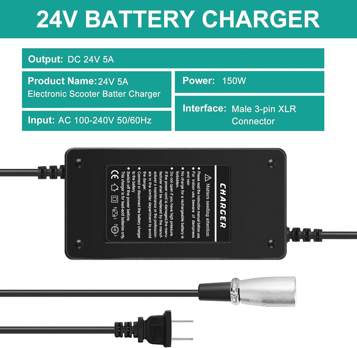 24V 5A Lead-Acid Battery Charger for Lakematic,Pride Mobility, Wheelchair,Drive Medical,Golden Technologies,Shoprider, Jazzy Power Chair, Rascal 200T/500T/301 PC 24BC5000TF-1 EA1065 180 X-CEL