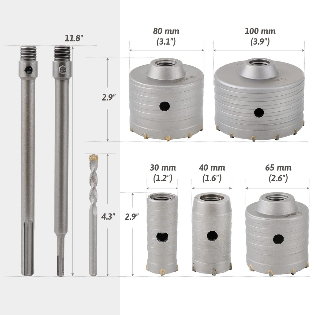 ZELCAN Hole Saw Kit for SDS Plus and Max Hammer Drills 30 40 65 80 100 mm Masonry Drill Bit Set with SDS Shanks Hole Saw Tool Set for AC Exhaust Tubing Water Pipe Drilling Brick Cement Stone Wall More