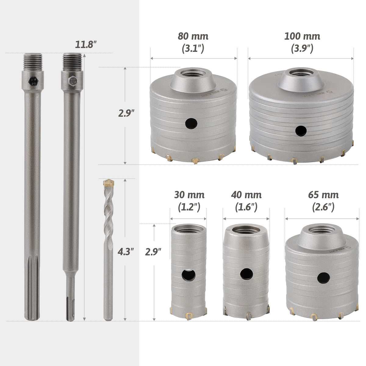 ZELCAN Hole Saw Kit for SDS Plus and Max Hammer Drills 30 40 65 80 100 mm Masonry Drill Bit Set with SDS Shanks Hole Saw Tool Set for AC Exhaust Tubing Water Pipe Drilling Brick Cement Stone Wall More