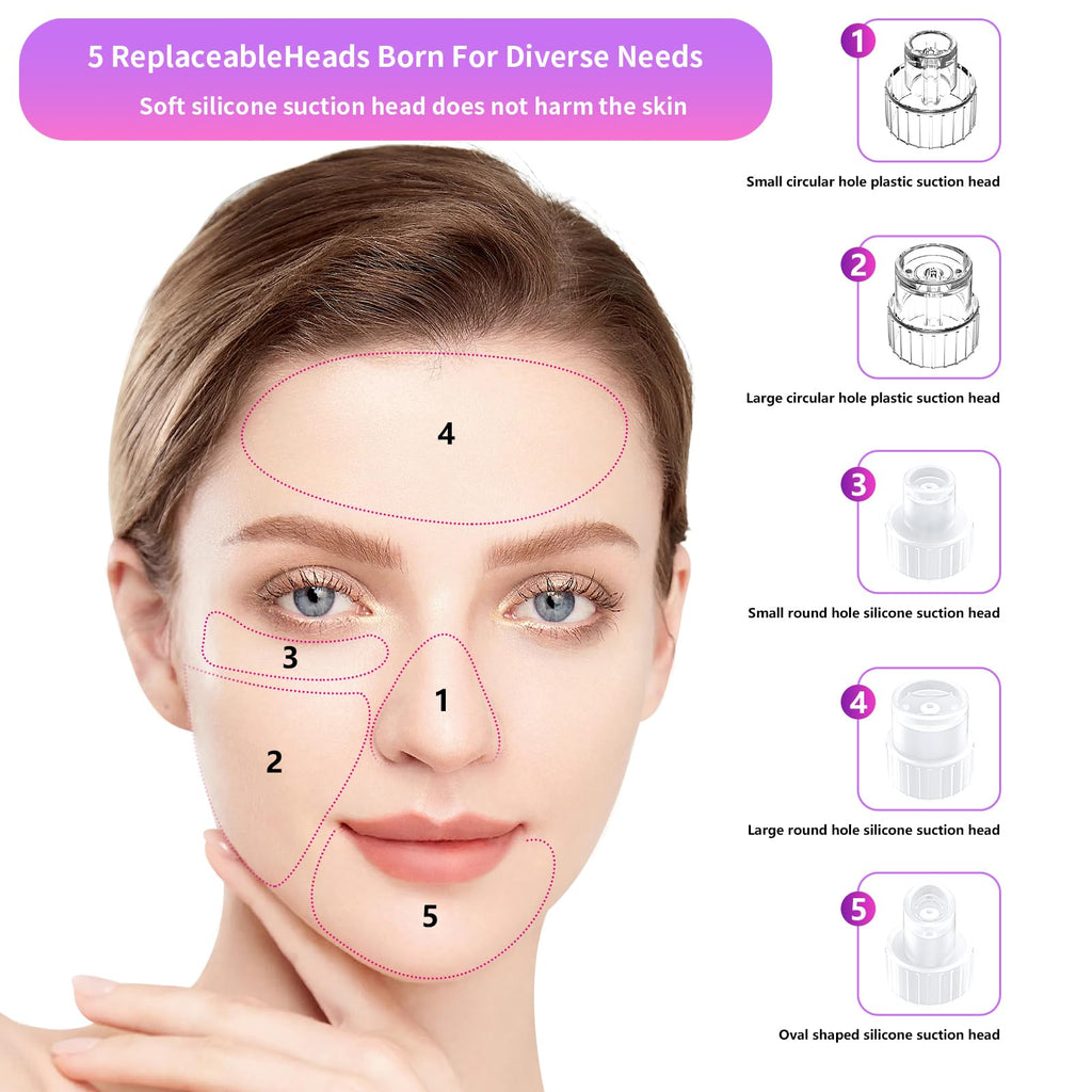 Blackhead Remover Vacuum, Electric Pore Cleaner, 3 Suction Levels, 5 Heads