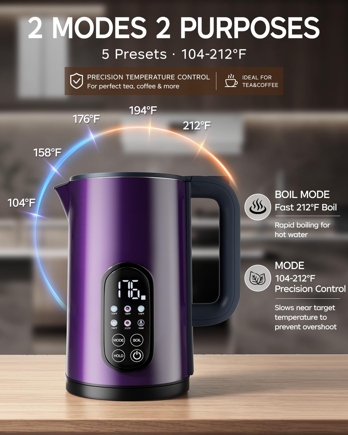 1.7L Stainless Steel Electric Kettle with Temperature Control – Purple | 5 Preset Temperatures for Tea & Boiling