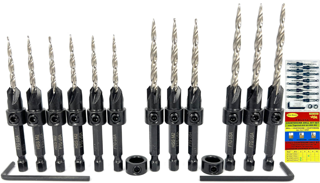 FTG USA Countersink Drill Bit Set 6 Pc #6, 3 Pc #8, 3 Pc #10, Tapered Bits