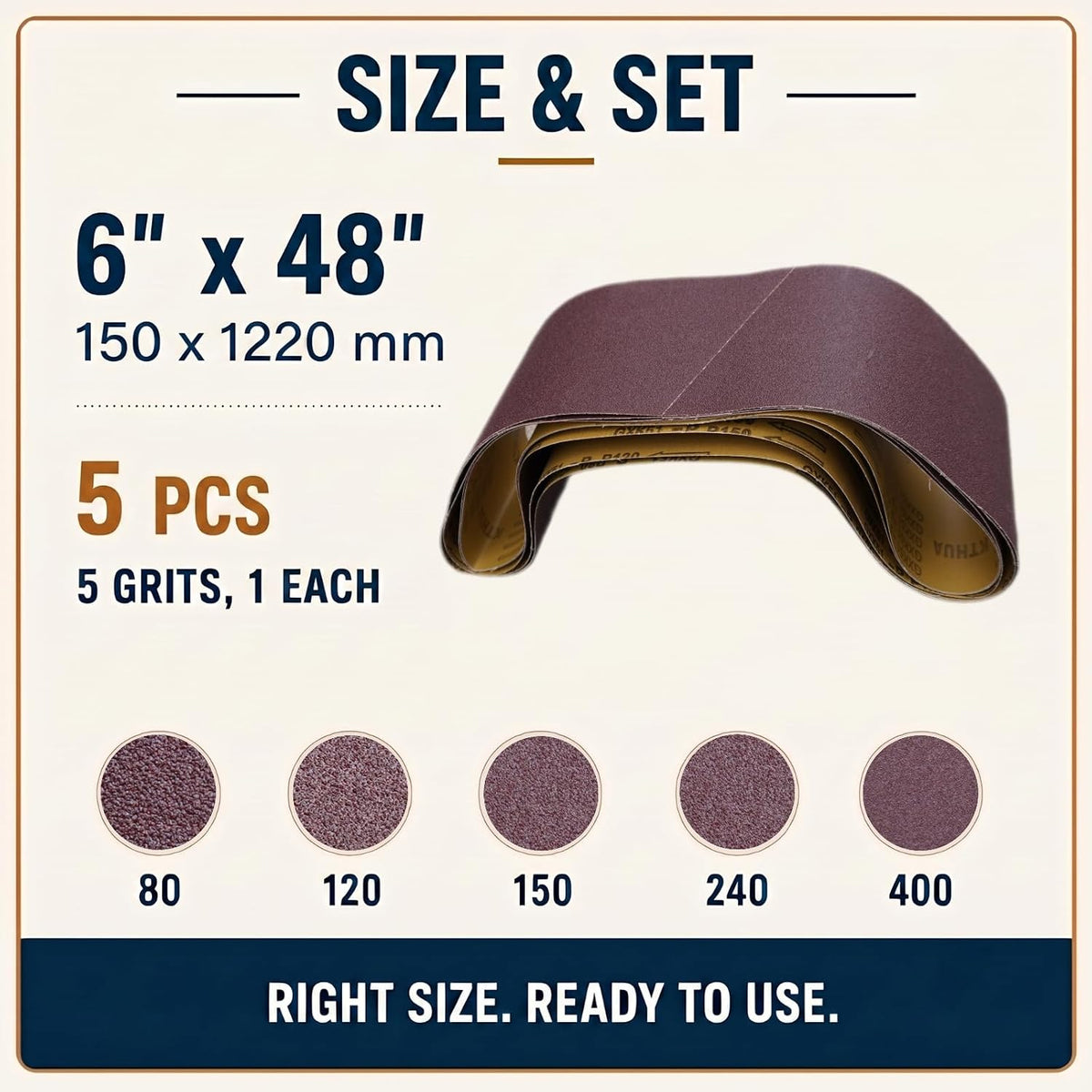 6x48 Sanding Belts, 5 Pack, 1 Each of 80/120/150/240/400 Grits