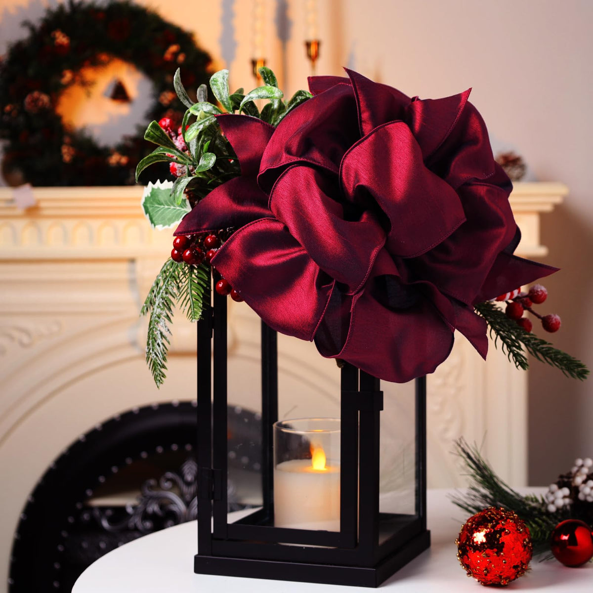 Burgundy Dupioni Wired Ribbon, Christmas Ribbon for Wreaths, Bows