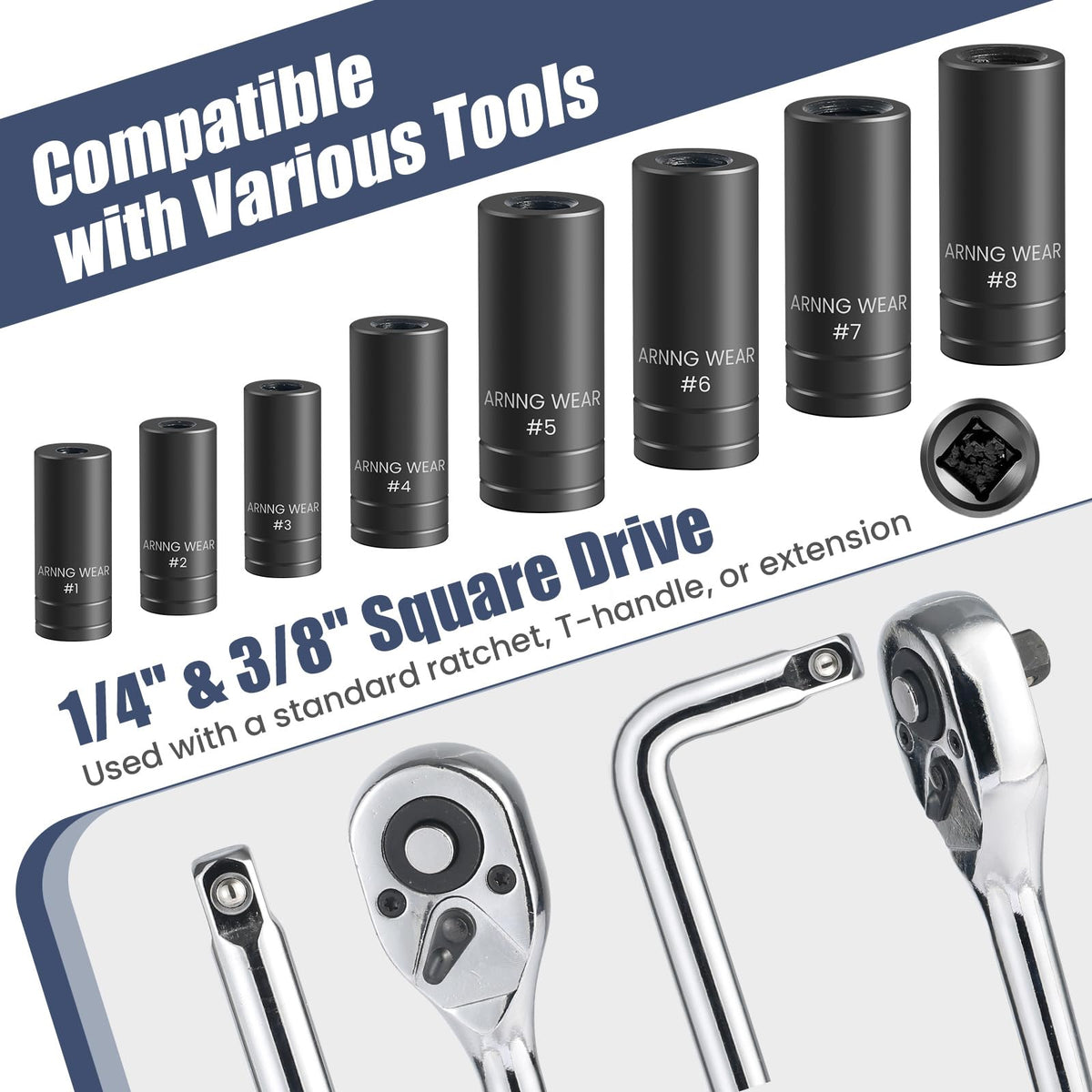 Saipe 8pcs Tap Socket Set, 1/4" & 3/8" Square Drive Tap Sockets Adapter