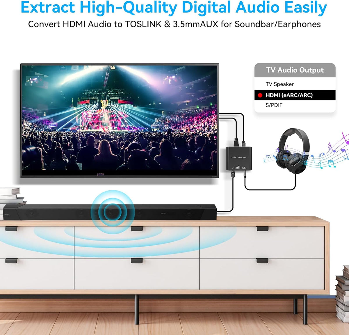 HDMI ARC Audio Extractor 192KHz Just Work for HDTV ARC to Optical/RCA Audio Converter RCA to 3.5MM AUX+Toslink Output