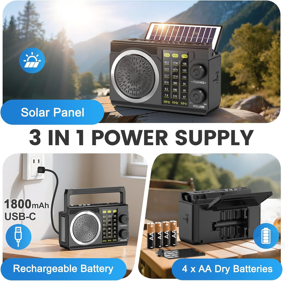 J-135 AM FM Radio Portable Bluetooth,Solar/AA Battery Operated | USB-C Emergency Radio with Flashlight,Transistor