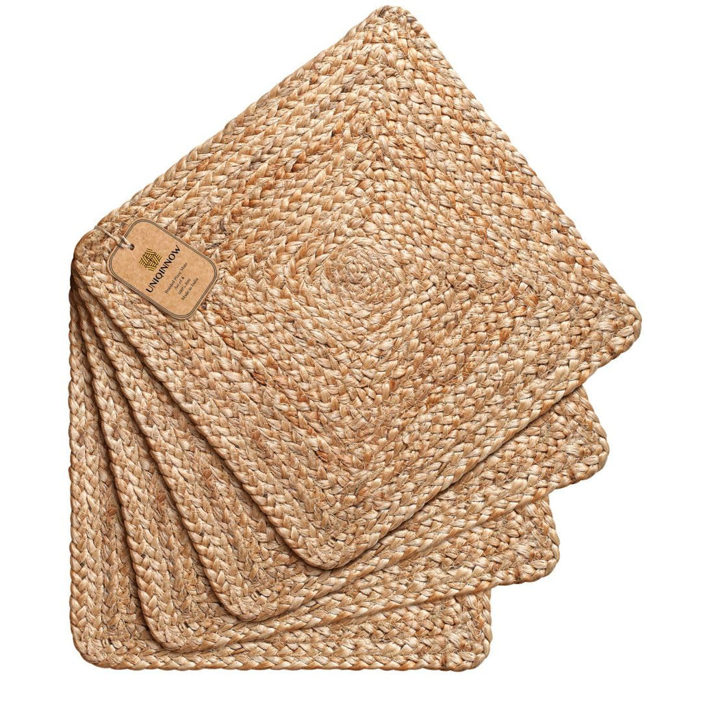 Jute Braided Placemats Set of 4 Reversible, 100% Jute, Nonslip 14x14 inch Square Farmhouse Vintage Jute Placemats for