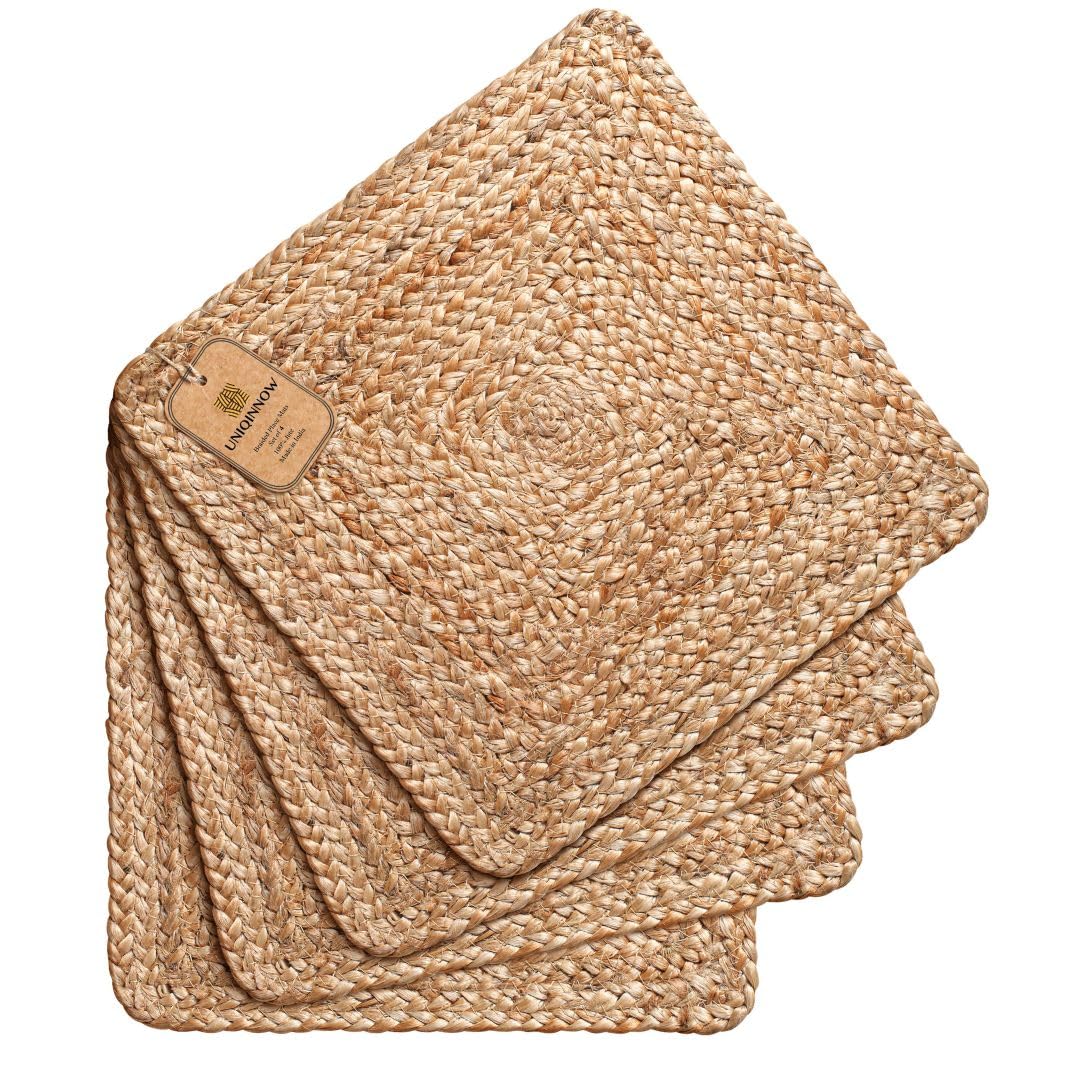 Jute Braided Placemats Set of 4 Reversible, 100% Jute, Nonslip 14x14 inch Square Farmhouse Vintage Jute Placemats for