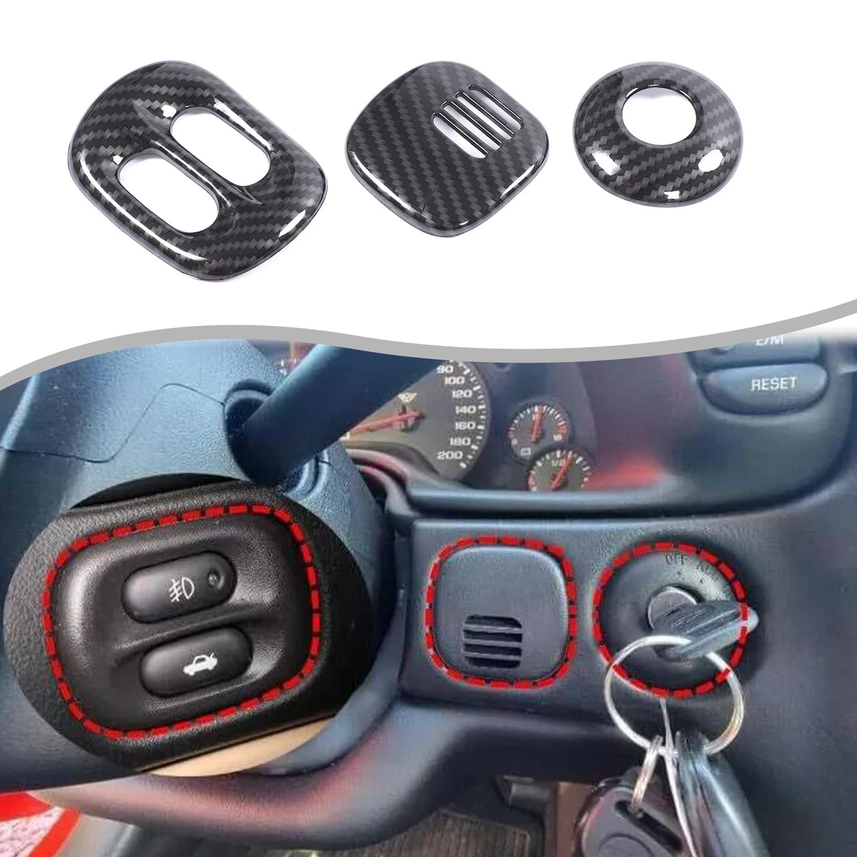 for Corvette C5 Dashboard Headlight Front Fog Button Start Keyhole Cover Trim Compatible with 1997-2004 Corvette C5 Accessories ABS Center Console Button Decorative Frame 3PCS (Carbon Fiber Style)