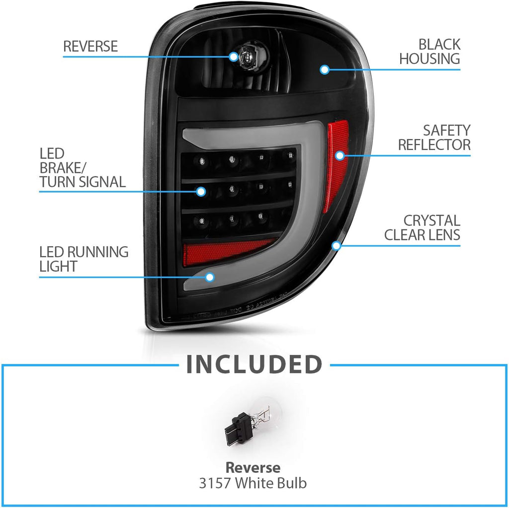 AmeriLite C-Type LED Tube Black Replacement Tail Light Assembly for 2004-2007 Dodge Grand Caravan for Chrysler Town & Country - Driver and Passenger Side