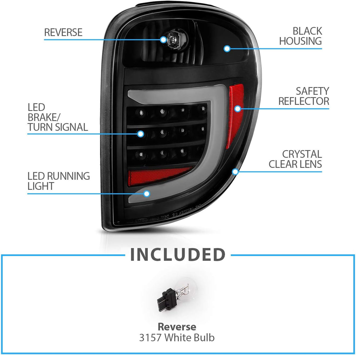 AmeriLite C-Type LED Tube Black Replacement Tail Light Assembly for 2004-2007 Dodge Grand Caravan for Chrysler Town & Country - Driver and Passenger Side