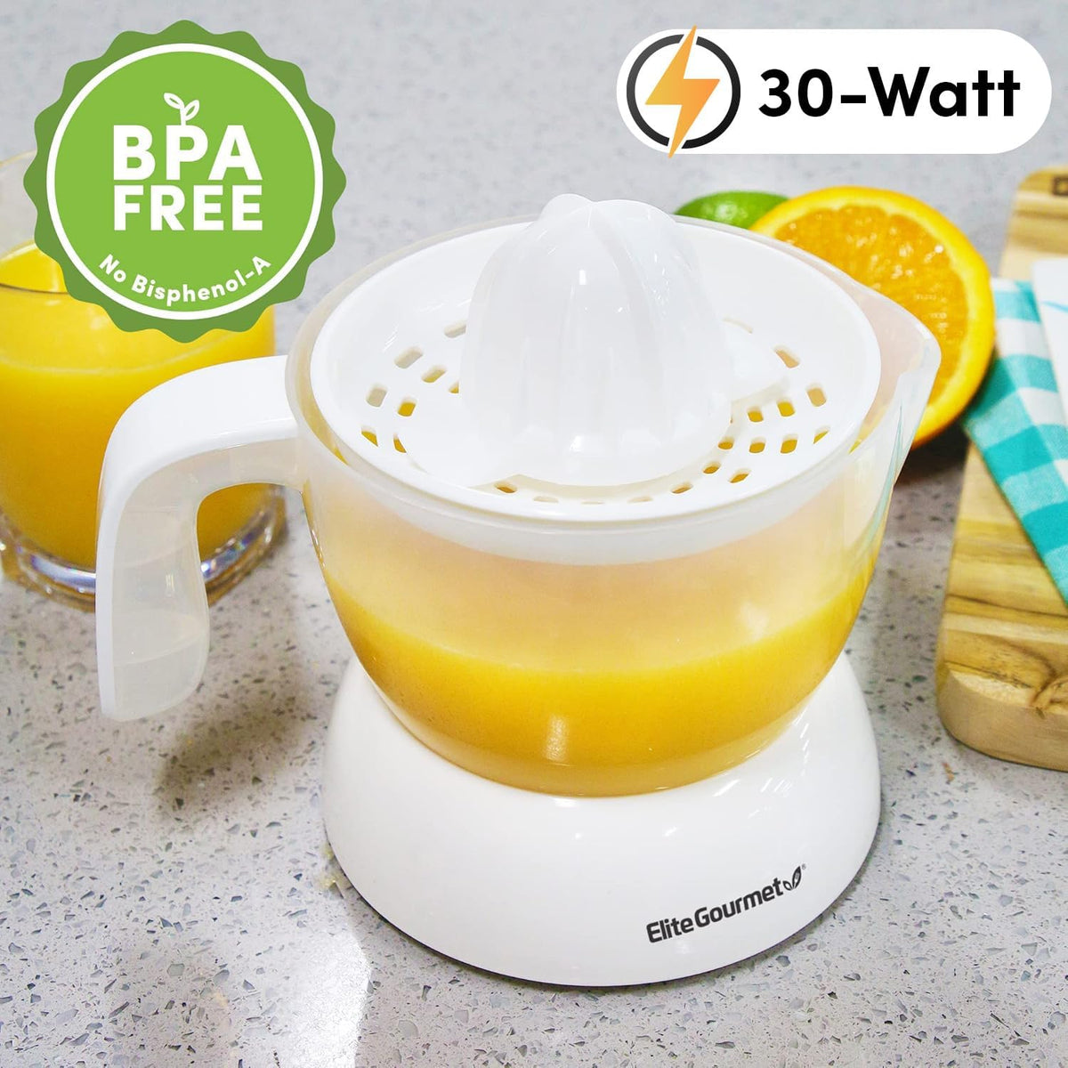 ETS-411 Electric Citrus Juicer, Compact 30-Watt, 16 oz, White | BPA-Free build with large-volume pulp control