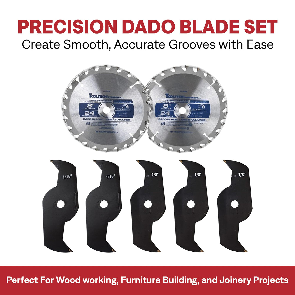 Tooltech 8 Inch Stacking Dado Blade Set for Table Saw, 24 Tooth Carbide Dado Blades, 23 Piece Adjustable Dado Set 1/4 to 13/16 Inch, 5/8 Inch Arbor 5500 RPM with Storage Case