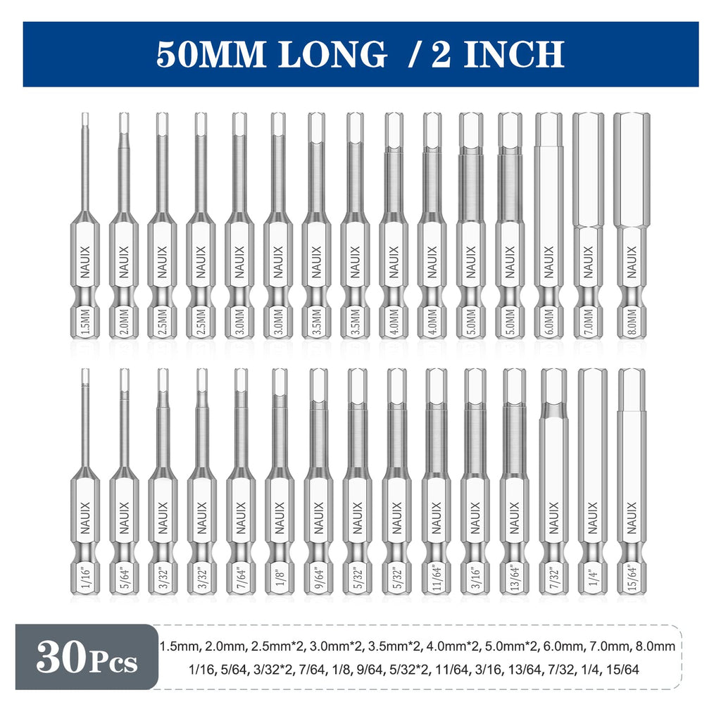 NAUIX 30-Piece Hex Head Allen Wrench Drill Bit Set (Metric & SAE)