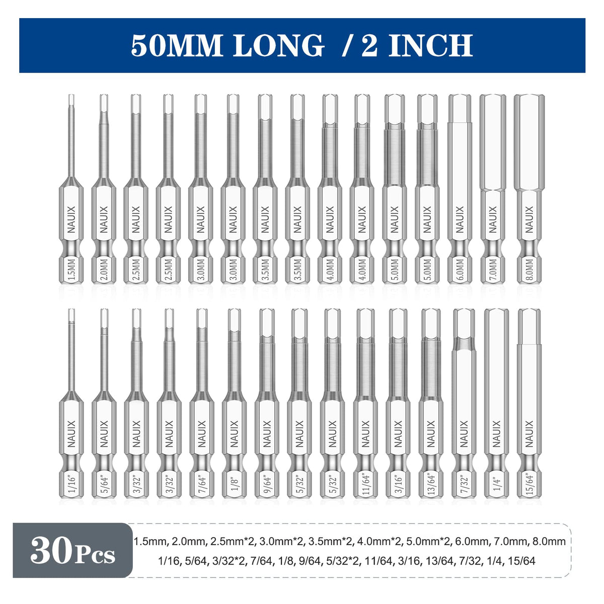 NAUIX 30-Piece Hex Head Allen Wrench Drill Bit Set (Metric & SAE)