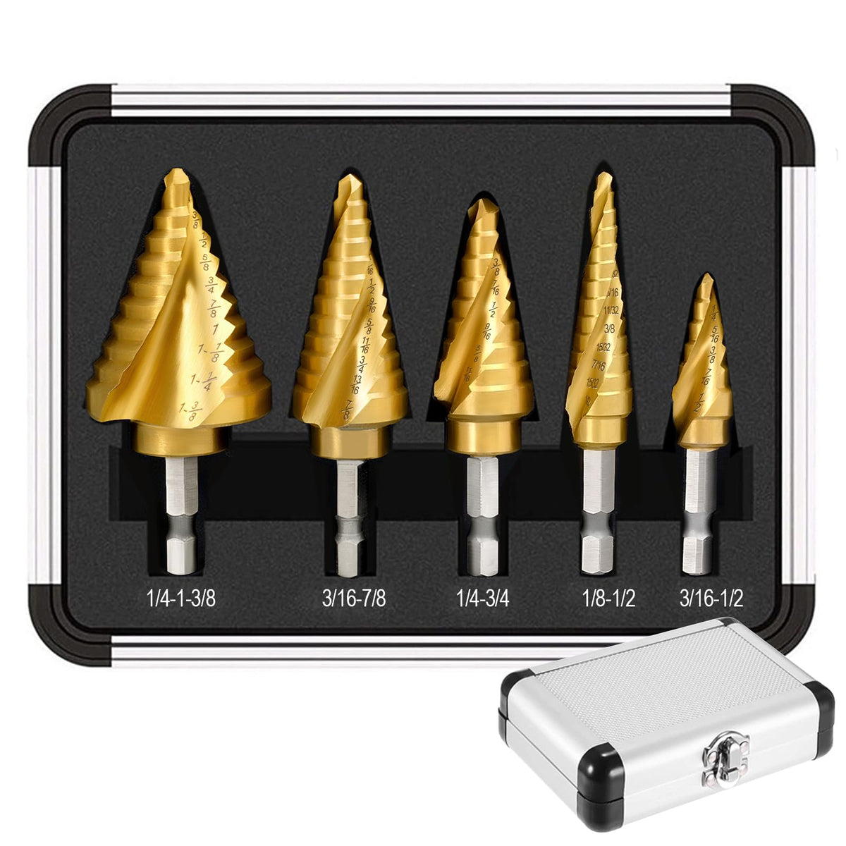 Step Drill Bit Set - 5PCS Titanium HSS Step Bit with Two Spiral Flutes