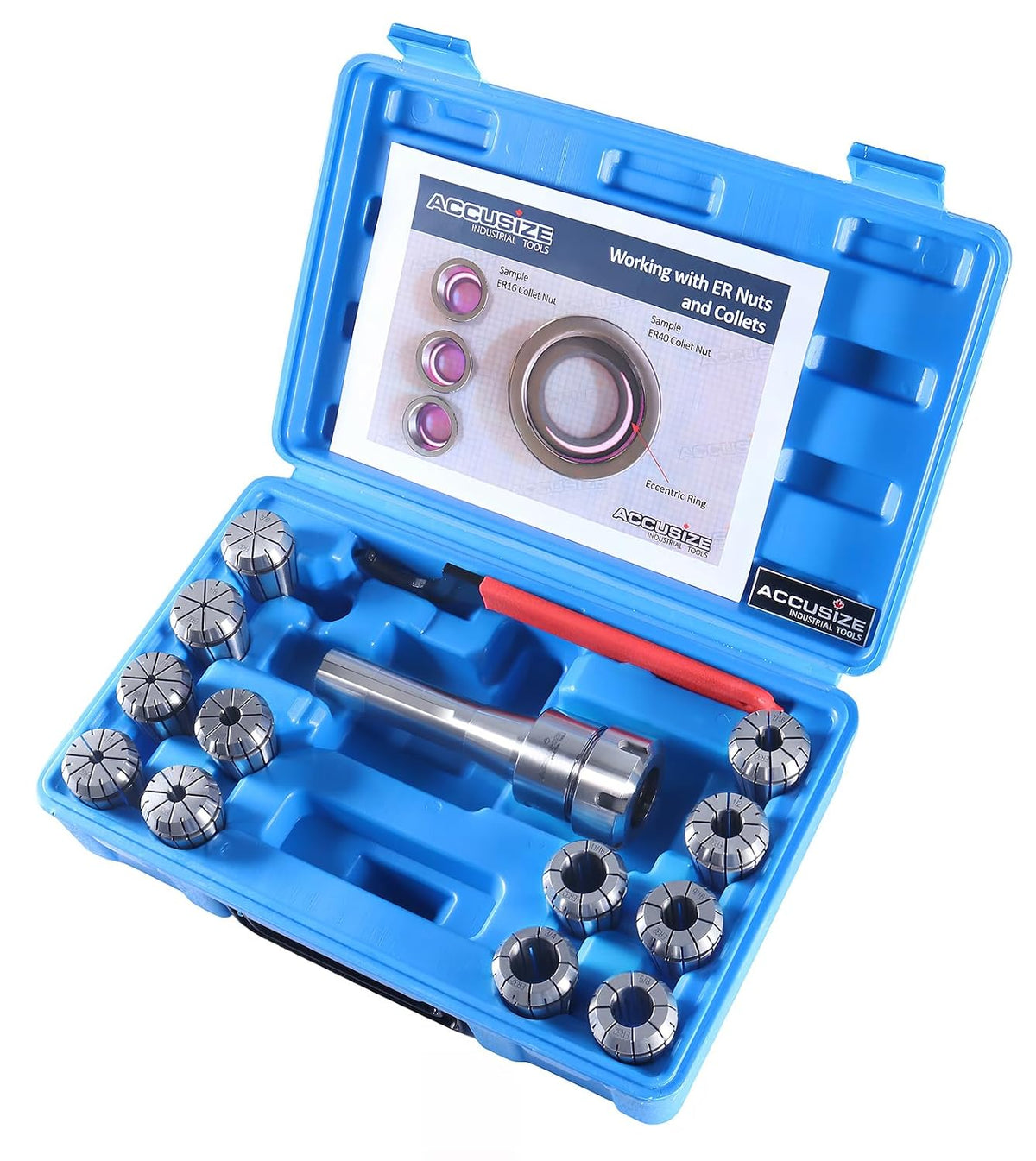 Accusize Industrial Tools 12 Pc Er-32 Collet Set Plus 1 Pc R8 Bridgeport Shank Holder and a Wrench in Fitted Box, 0223-0974