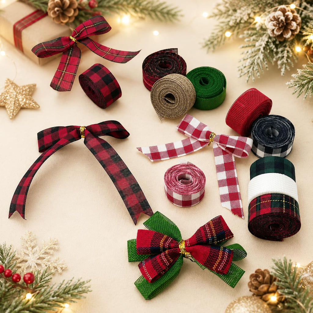 10 Rolls Christmas Wired Ribbon, 1 Inch x 50 Yards Plaid Burlap Ribbon Assortment, Red Green Holiday Ribbon for Tree