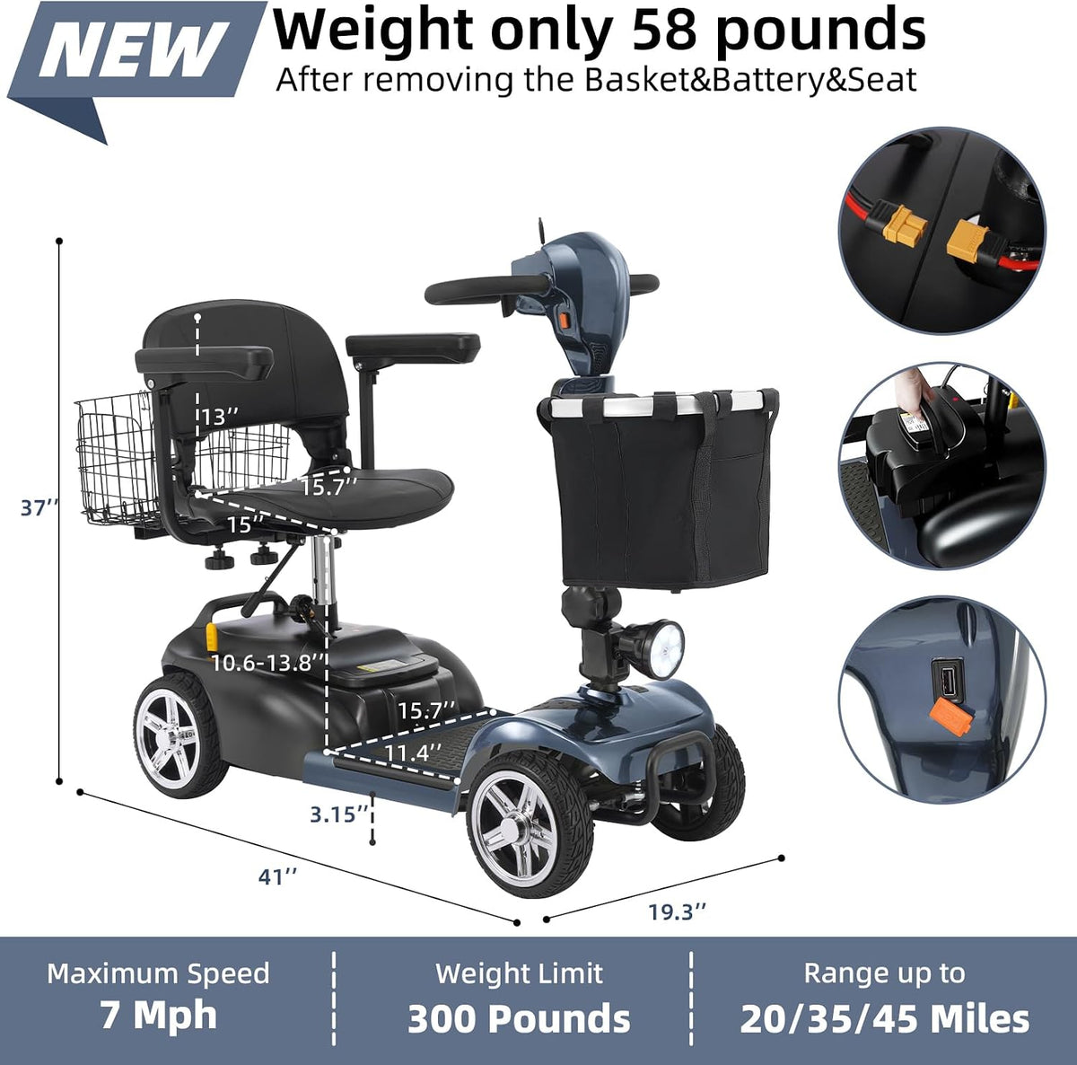 20 Miles 4 Wheels Mobility Scooter for Seniors/Adults Up to 300LBS,350W Electric Wheelchair Detachable Lithium