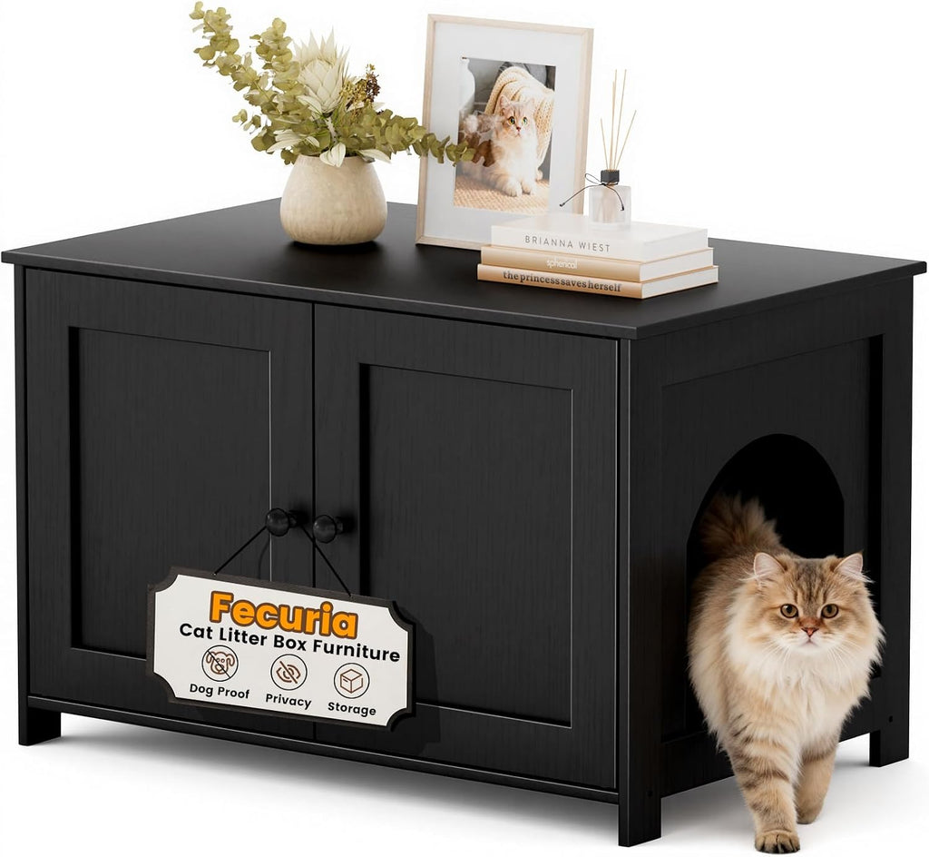 Cat Litter Box Enclosure Furniture Dog Proof, Hidden Kitty Washroom Cabinet Low Entry, Wooden Cat Boxes Enclosure