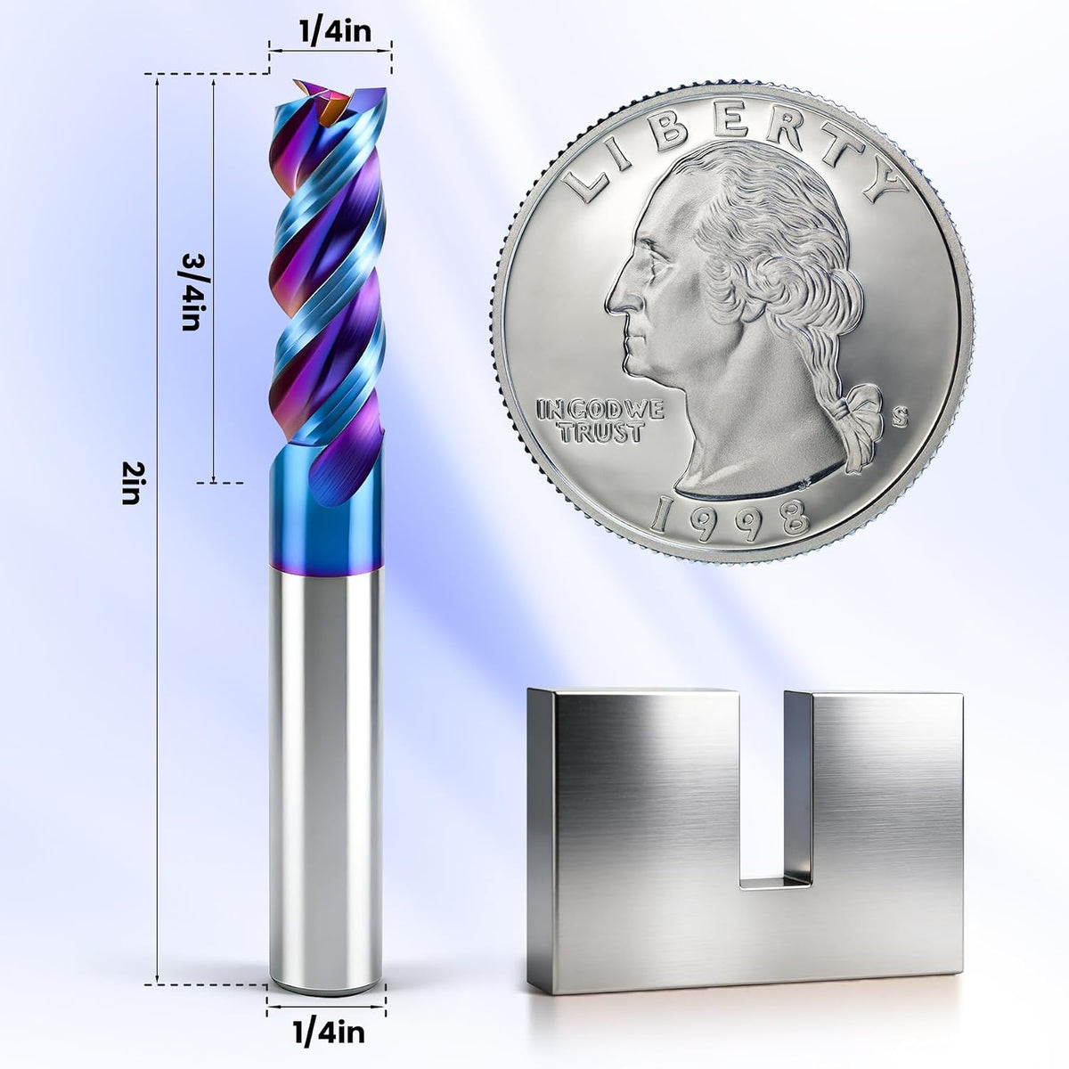 HQMaster Carbide Square End Mill with Nano Blue Coating, 1/4“ Shank 3 Flute End Mill, HRC 60 CNC Milling Bits Set for Aluminum, Copper, Magnesium Alloys & Composite Materials, 2-Pack