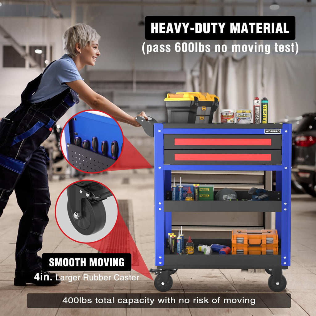 Premium 28" 2-Drawer Rolling Tool Cart, Heavy Duty Utility Industrial Service Cart Storage Organizer with Wheels and