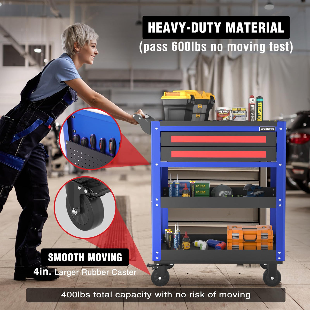 Premium 28" 2-Drawer Rolling Tool Cart, Heavy Duty Utility Industrial Service Cart Storage Organizer with Wheels and