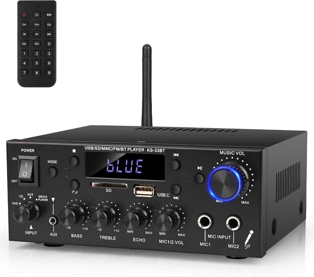 Stereo Audio Amplifier, 2 Channel 500W Bluetooth 5.0 Home Audio Stereo Receiver with FM, Echo, AUX, USB, SD, MIC