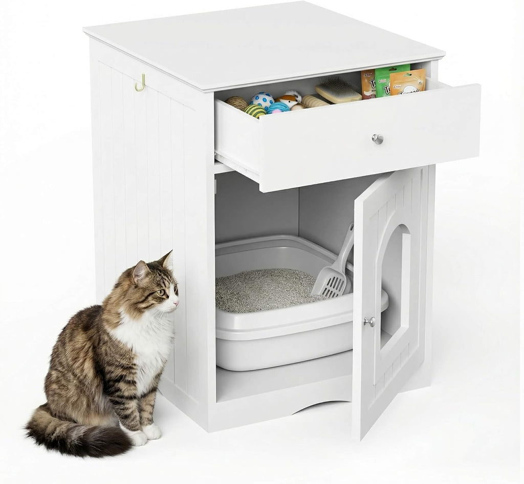 Cat Litter Box Enclosure Furniture, White + Solid Wood