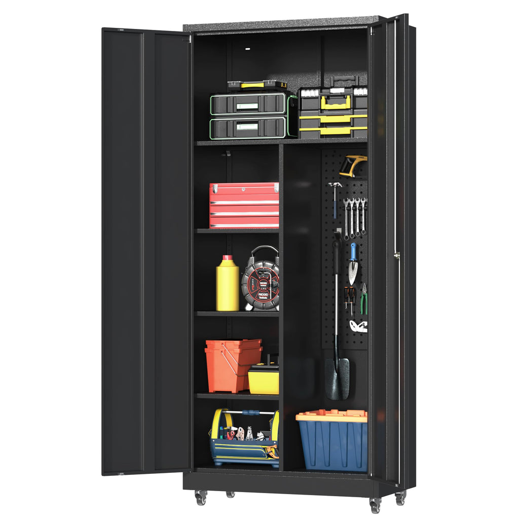 Metal Garage Storage Cabinet with 2 Doors, Adjustable Rolling Tool Storage Cabinet with Lock, 71" Steel Locking Broom