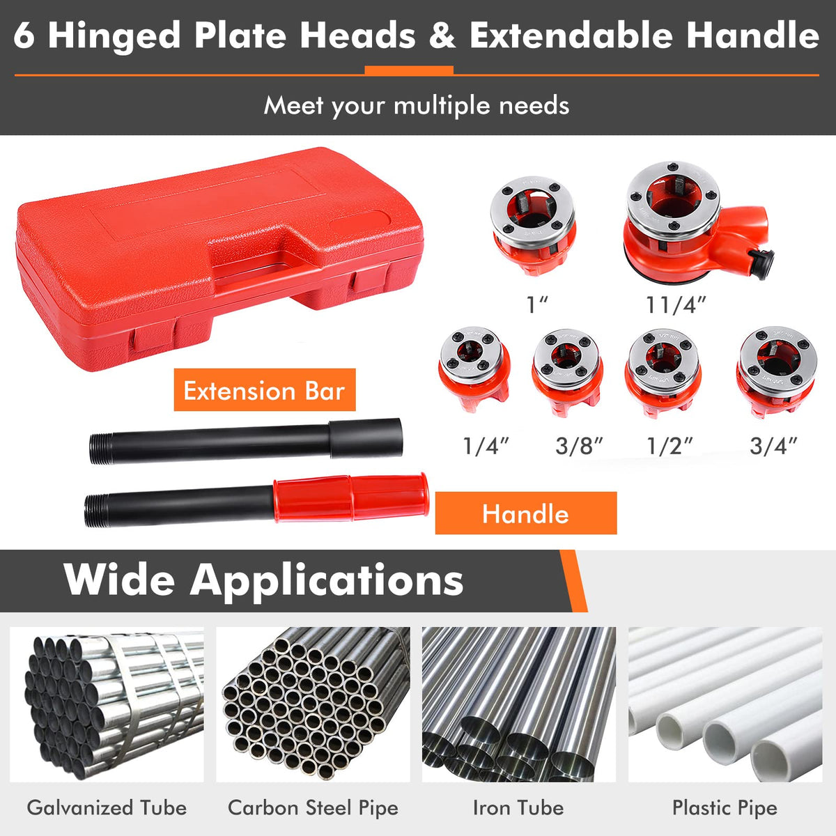 Goplus Ratchet Pipe Threader Kit, Ratcheting Pipe Threading Tool Set w/ 6 Dies- 1/4", 3/8", 1/2", 3/4", 1", 1-1/4" and Storage Case