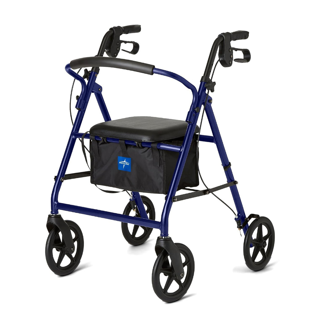 Medline Lightweight Aluminum Rollator Walker for Adult Mobility Impairment, Blue, 300 lb. Weight Capacity, 8" Wheels, Foldable, Adjustable Handles, Walker for Seniors