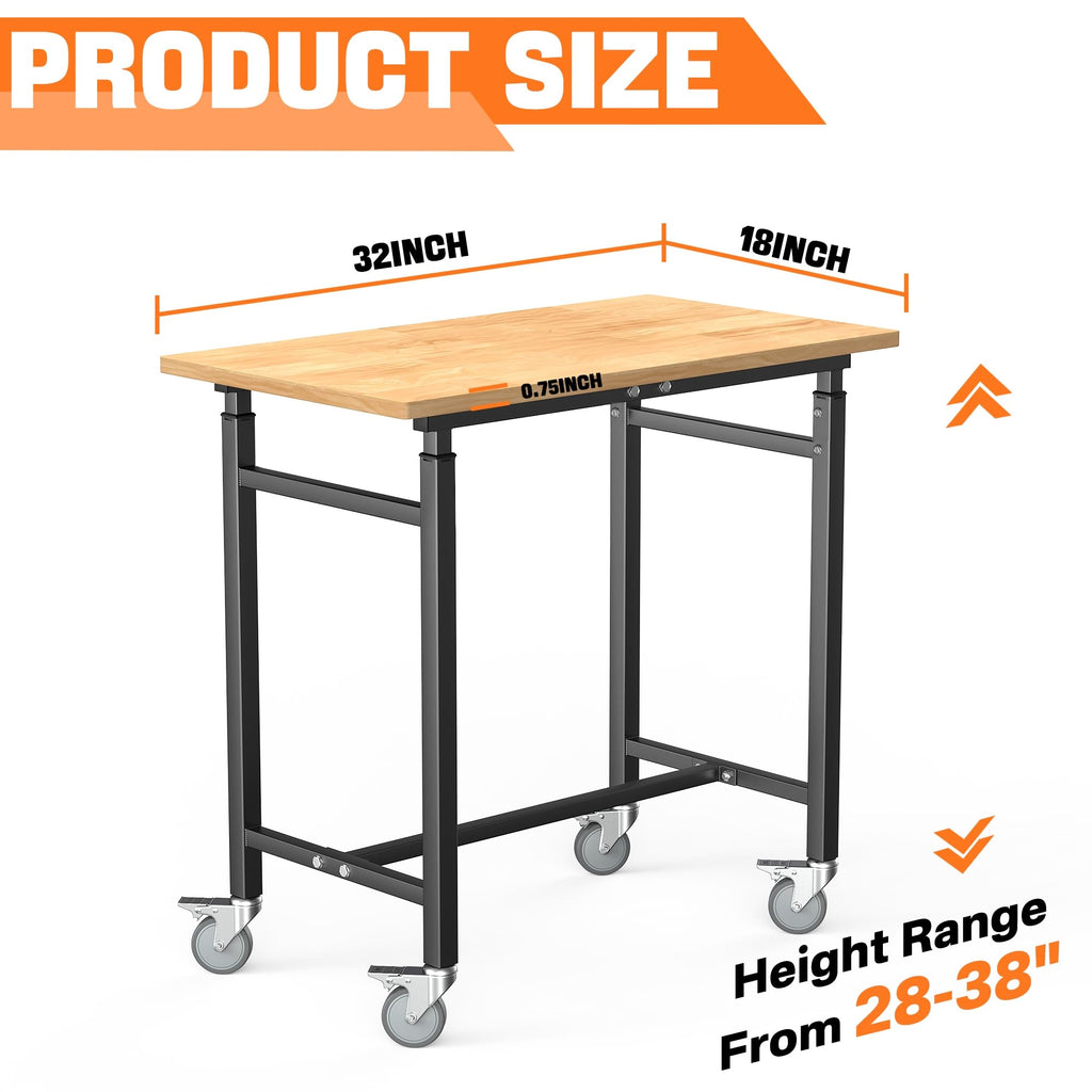 Adjustable Workbench with Rubberwood Top, Rolling 32x18 in Worktable