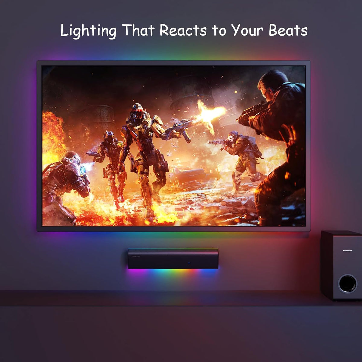 RGB Gaming Soundbar with Subwoofer, 2.1 Channel 80W Bluetooth Sound Bar with Dynamic LED Lights Sync to Music &