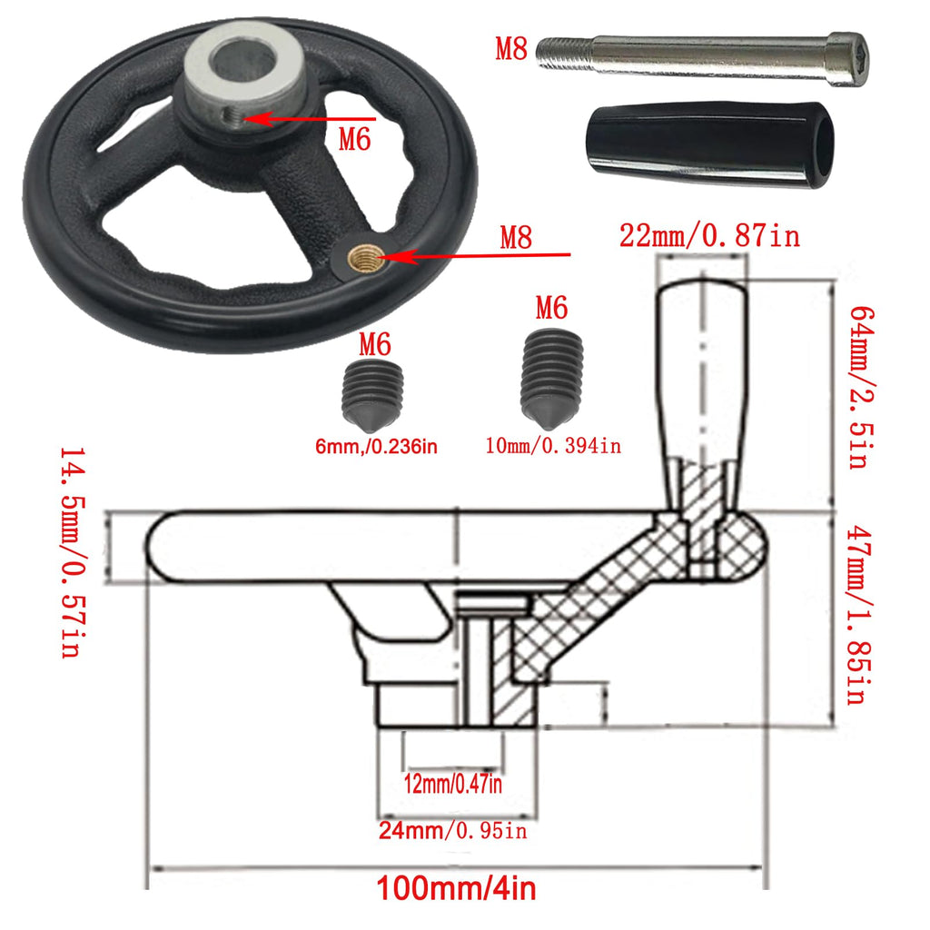 JTEYINH 0.47x4inch Diameter Round Hand Wheel with Revolving Handle for Mill Drillpress Crank Lathe