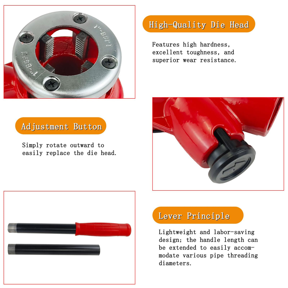4-Die BSPT Pipe Threader Ratchet Kit 1/2"-1-1/4" Manual Threading Tool