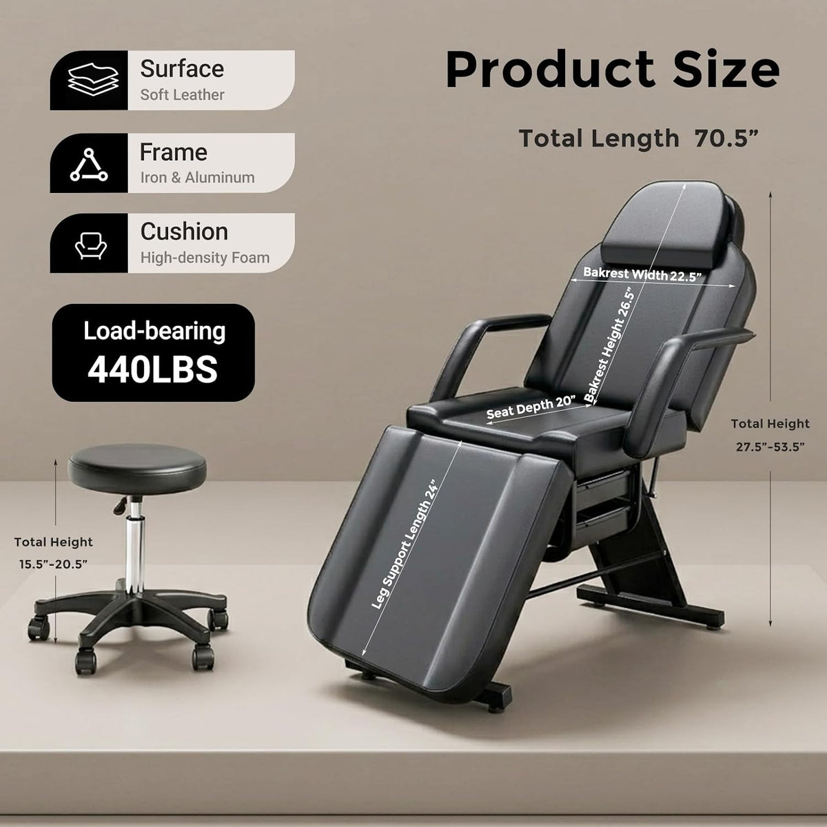Tattoo Chair for Client, 3-Section Adjustable Facial Esthetician Bed Table with Hydraulic Stool, Multi-Purpose Spa