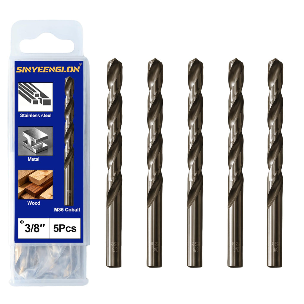 3/8 Cobalt Drill Bit for Metal and Hard Steel(5Pcs),M35 High Speed Steel Twist Jobber Metal Drill Bits,with Index Storage Case