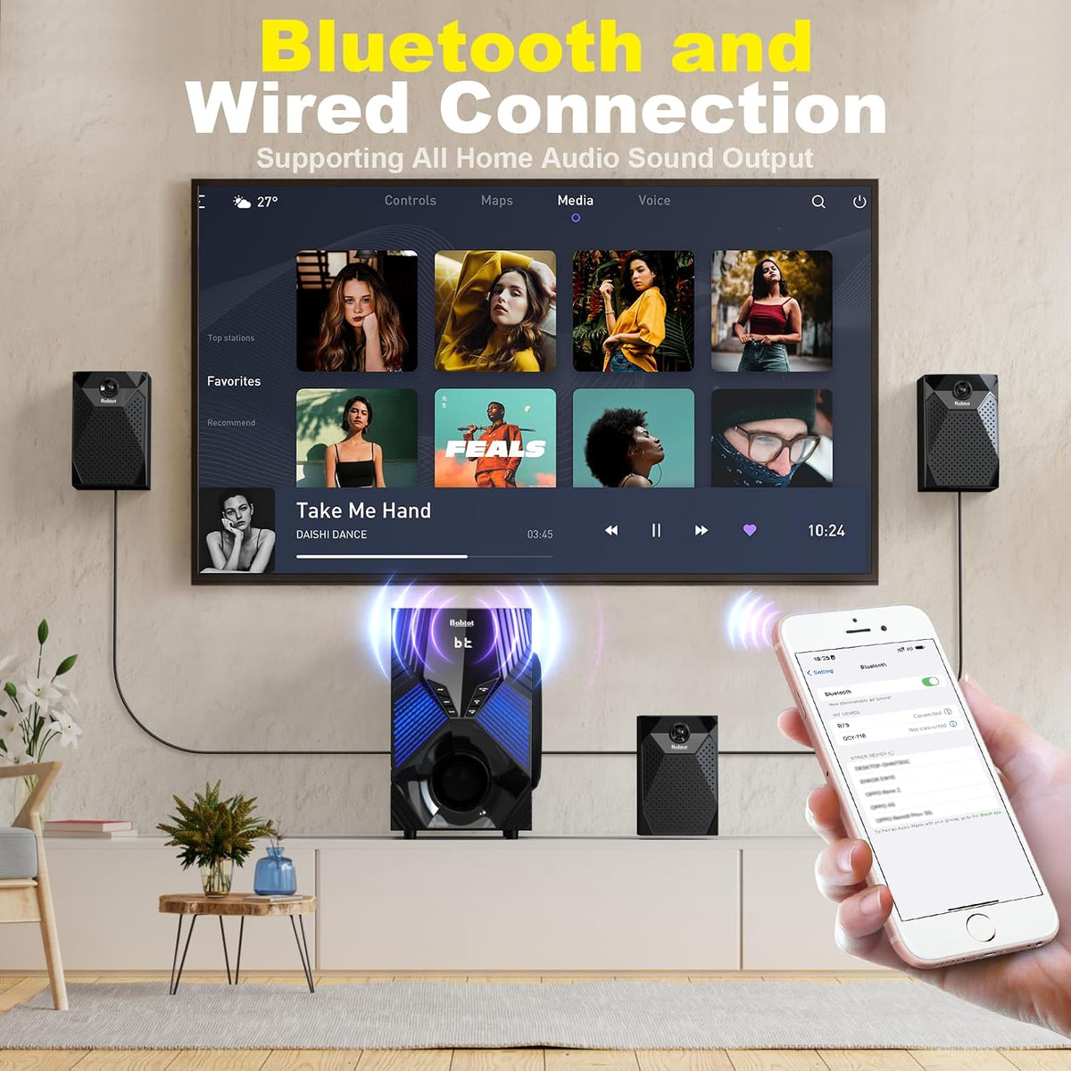 Home Theater System, 1000 Watts Peak Power Surround Sound Systems | 5 Wired Satellite Audio Speakers 8" Subwoofer
