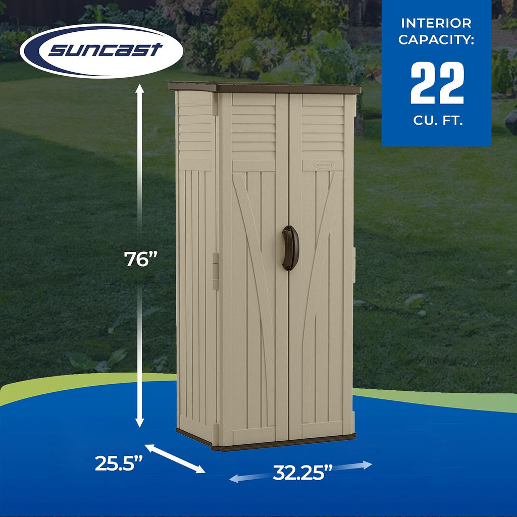 Vertical Shed, Compact Outdoor Storage System, 22 Cu. Ft. Capacity, Sand & Mustang - Lockable Multi-Wall Resin
