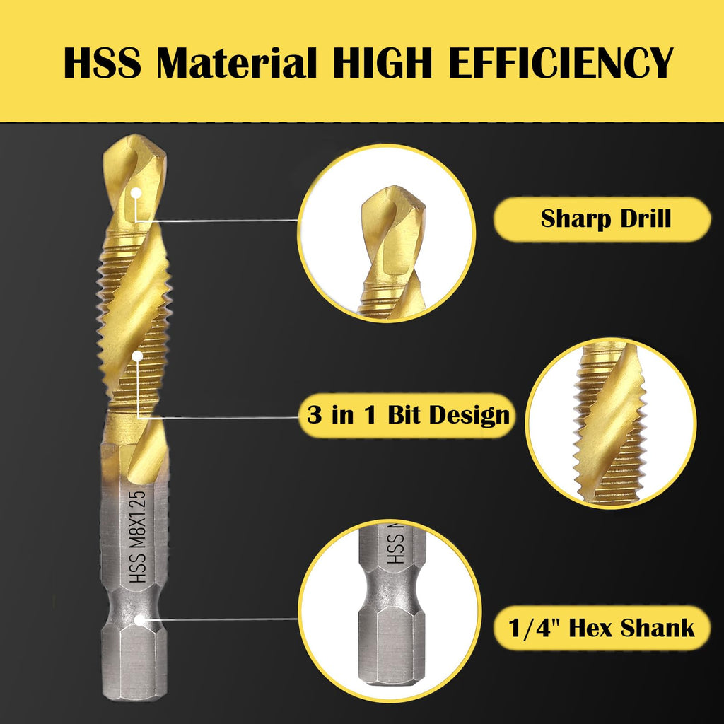 Drill Tap Set with Quick-Change Adapter of 13Pcs, 6 SAE Sizes: 6-32NC to 1/4-20NC, 6 Metric Sizes: M3 to M10, Titanium Combination Drill & Tap Bit Set for Drilling Threads, Tapping
