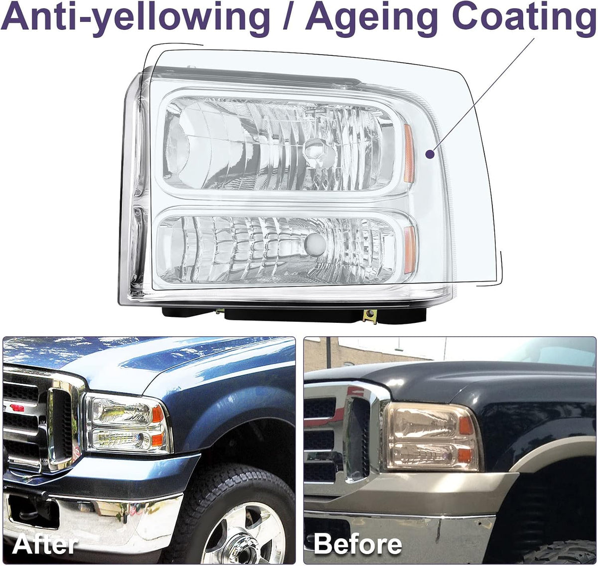 Headlight Assembly Compatible with 2005-2007 2005 2006 2007 05 06 07 Ford F250 F350 F450 F550 Super Duty/2005 Ford Excursion (Chrome Housing Amber Reflector)